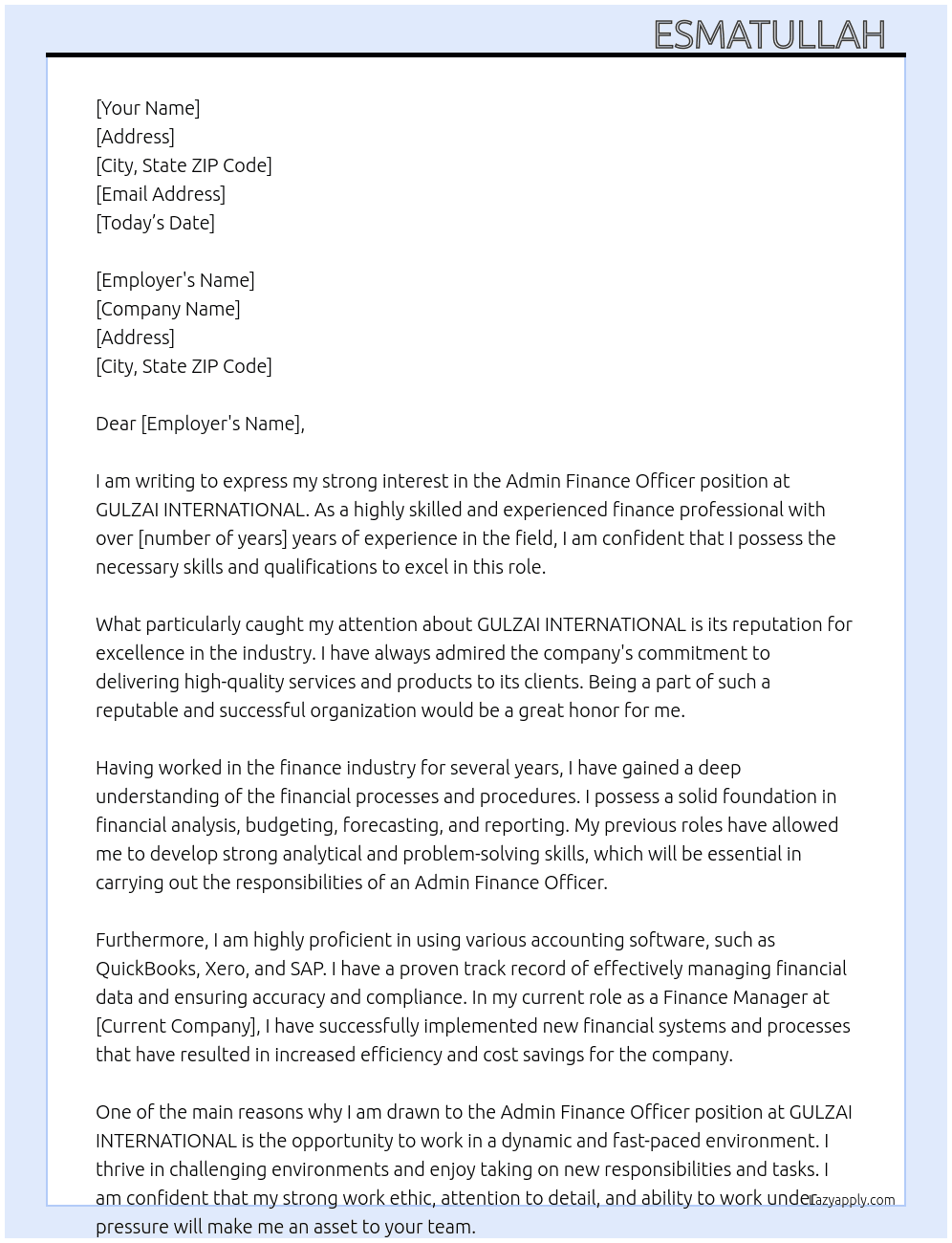 Admin Finance officer At GULZAI INTERNATIONAL Cover Letter