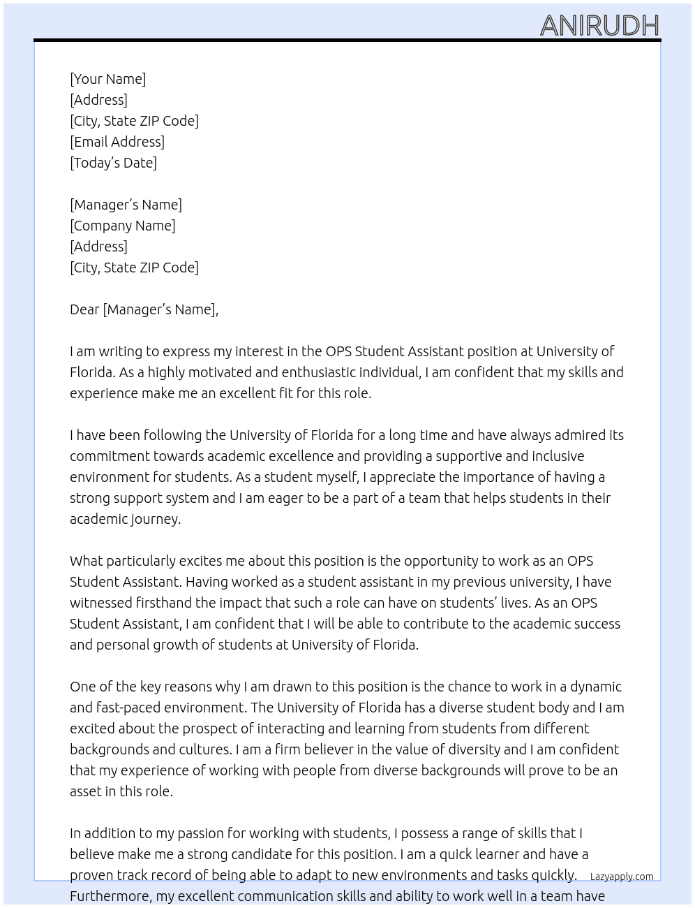 OPS Student assistant  At University of Florida  Cover Letter