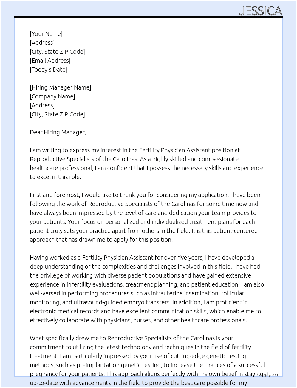 Fertility physician assistant At Reproductive Specialists of the Carolinas Cover Letter