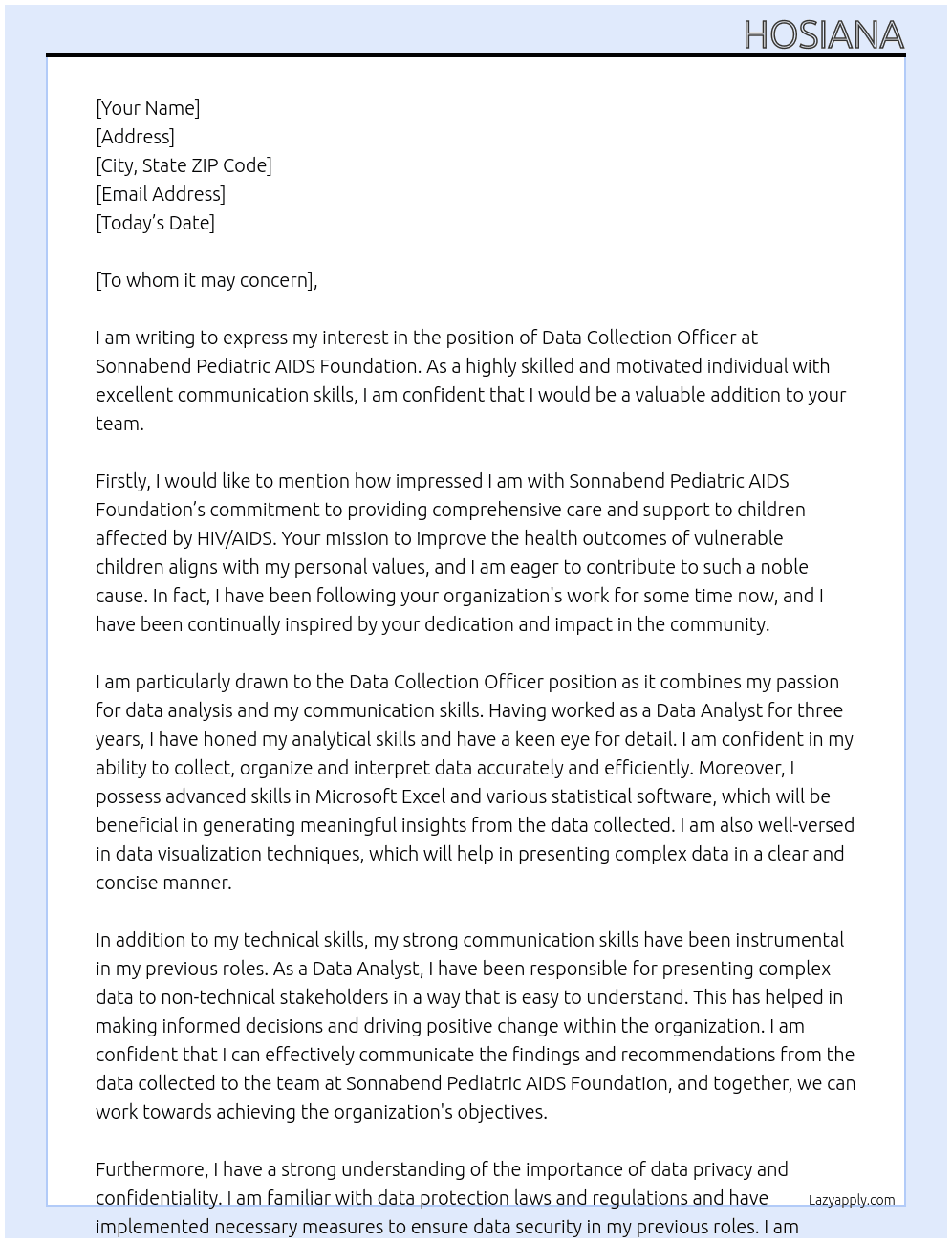 Data collection officer At Sonnabend Pediatric AIDS Foundation Cover Letter
