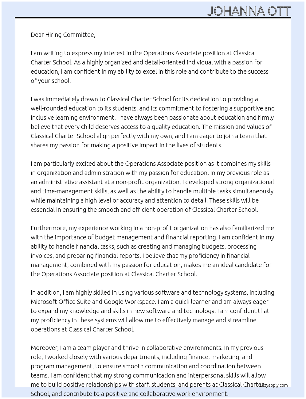 Operations Associate At Classical Charter School Cover Letter