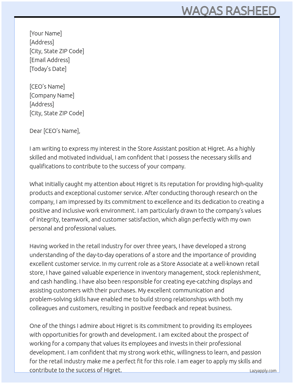 Store assistant  At Higret Cover Letter