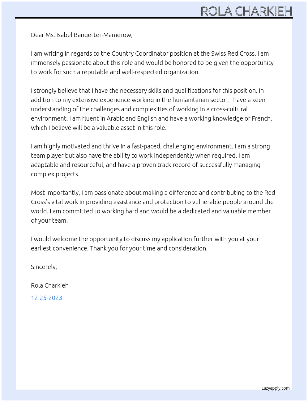 Country coordinator At Swiss red cross Cover Letter