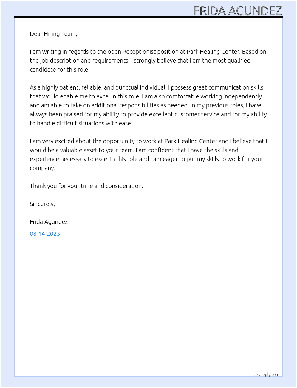 Receptionist At Park Healing Center Cover Letter