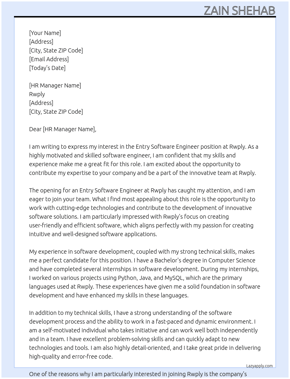 Entry Software engineer At Rwply Cover Letter