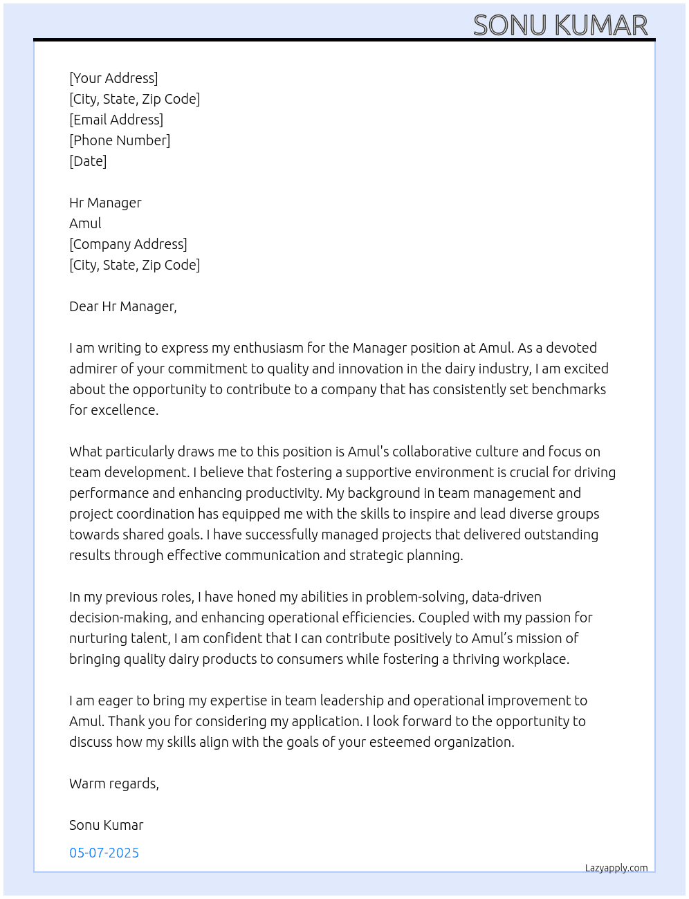 Manager  At Amul Cover Letter