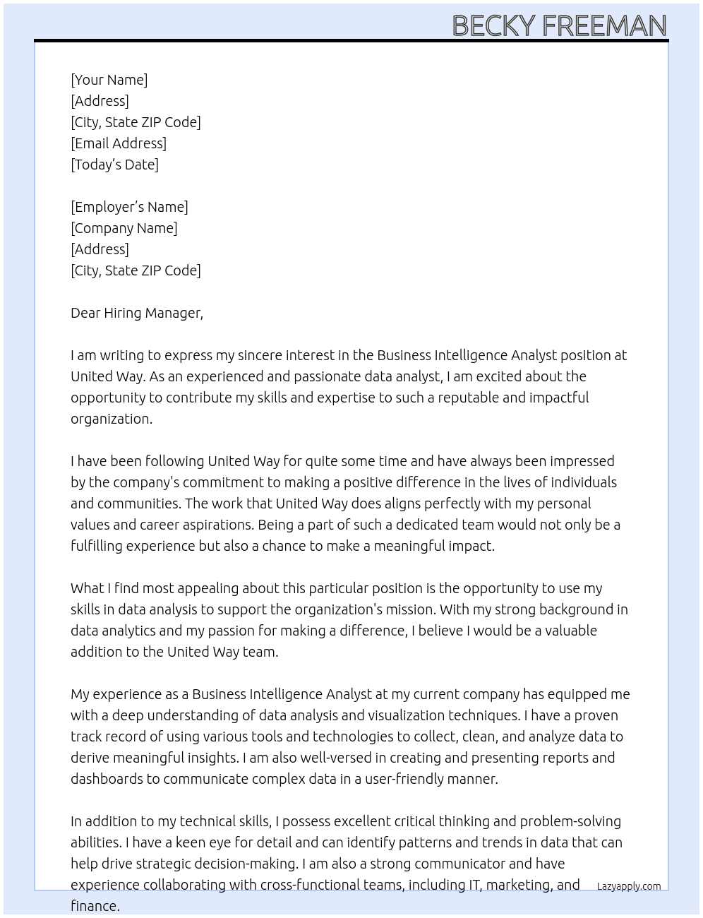 Business Intelligence Analyst At United Way  Cover Letter