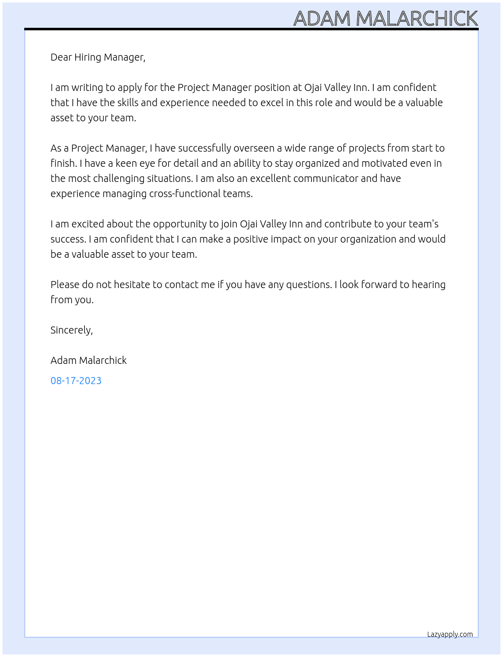 Project Manager At Ojai Valley Inn Cover Letter