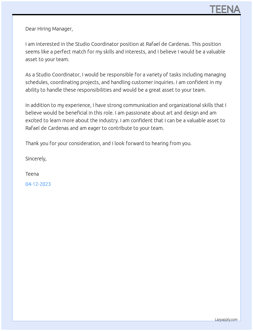 Studio Coordinator At Rafael de Cardenas Cover Letter