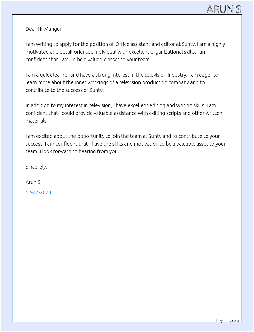 Office assistant and editor  At Suntv Cover Letter