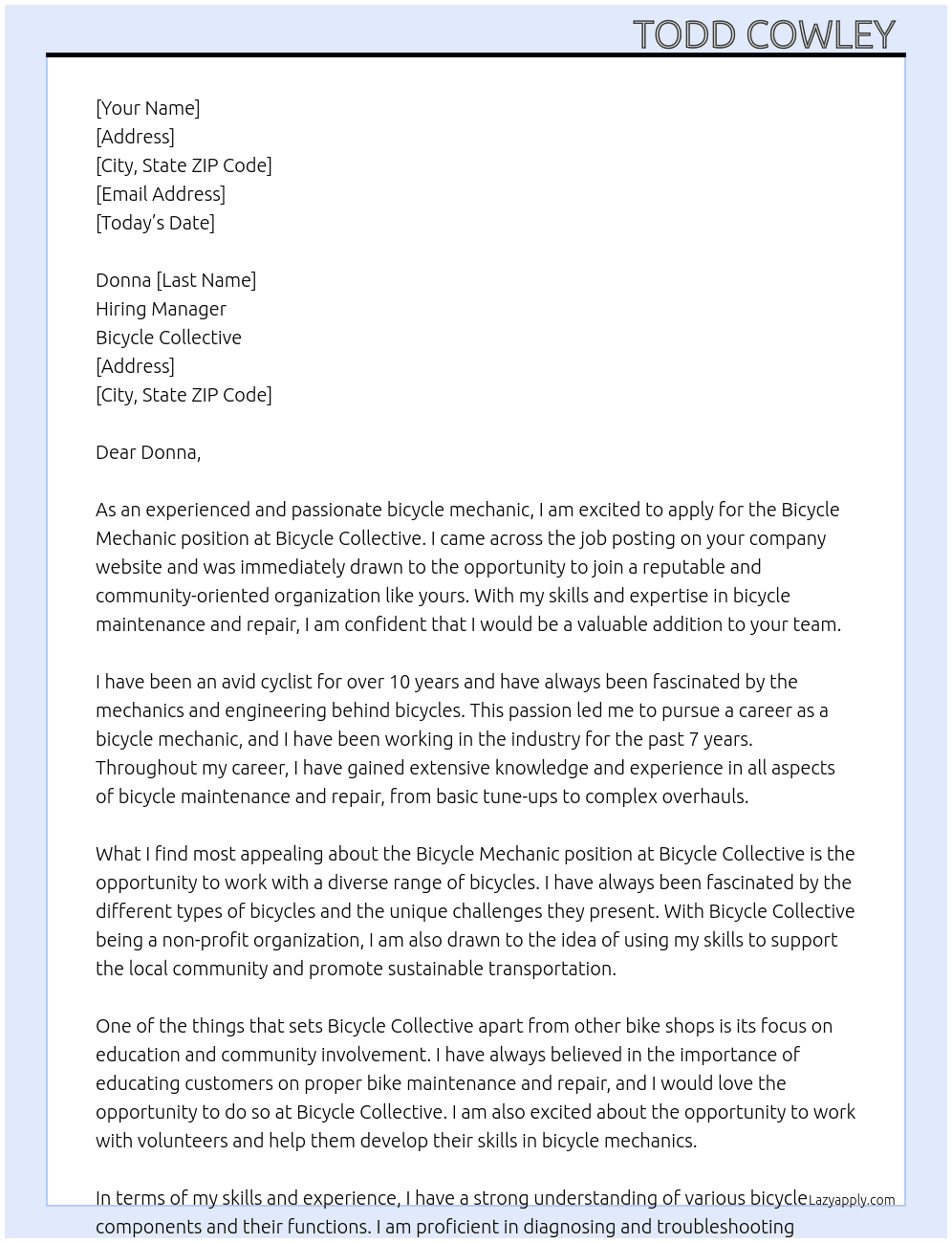 Bicycle mechanic  At Bicycle Collective  Cover Letter
