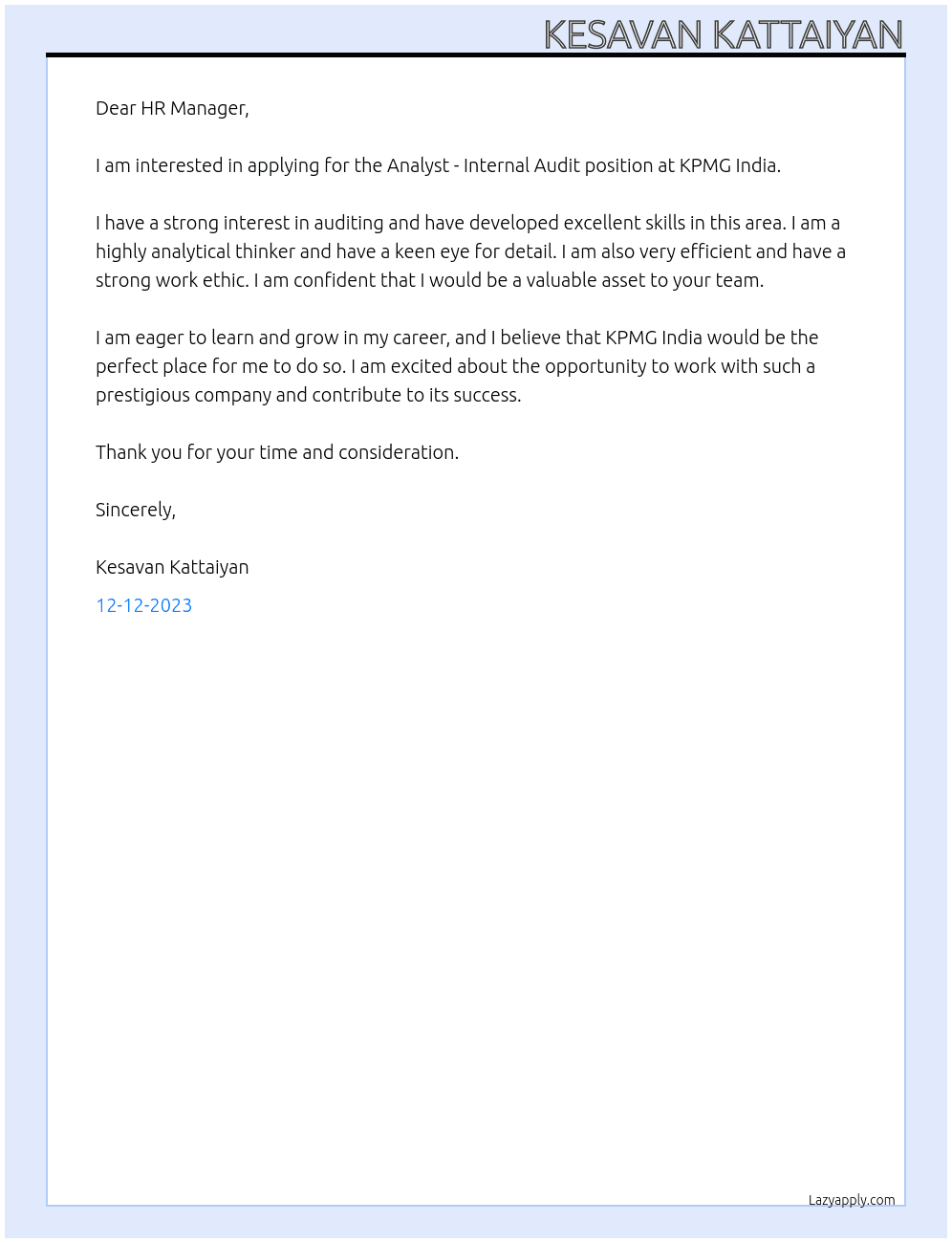 Analyst - Internal Audit At KPMG India Cover Letter