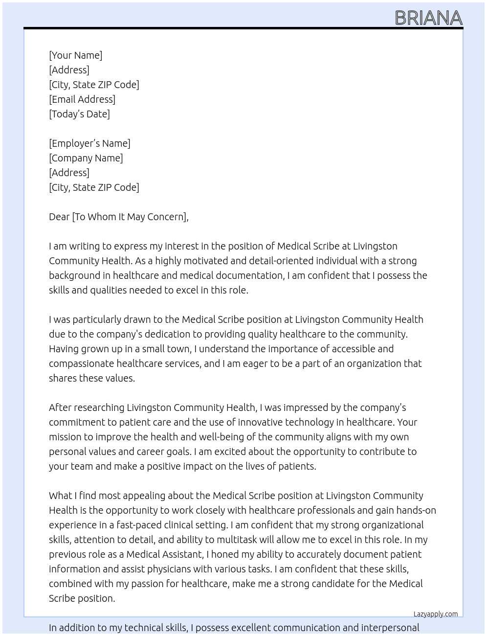 Medical scribe At Livingston Community Health Cover Letter