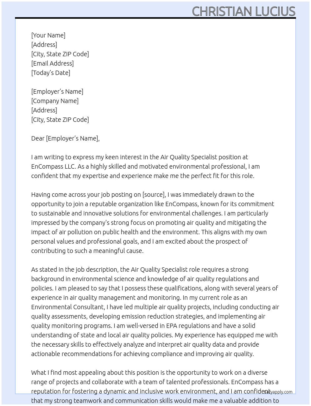 Air Quality Specialist At EnCompass LLC Cover Letter