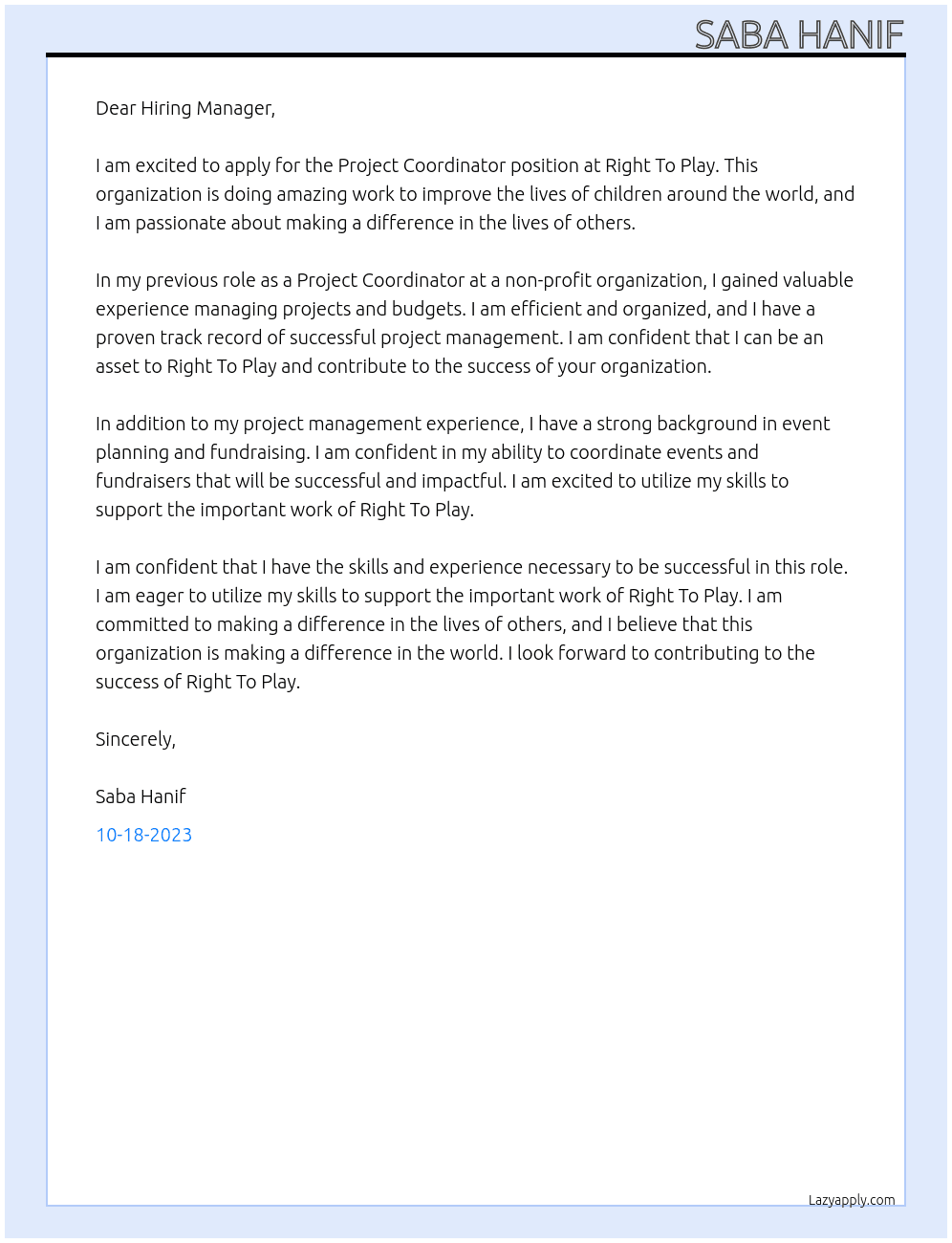 Project Coordinator At Right To Play Cover Letter
