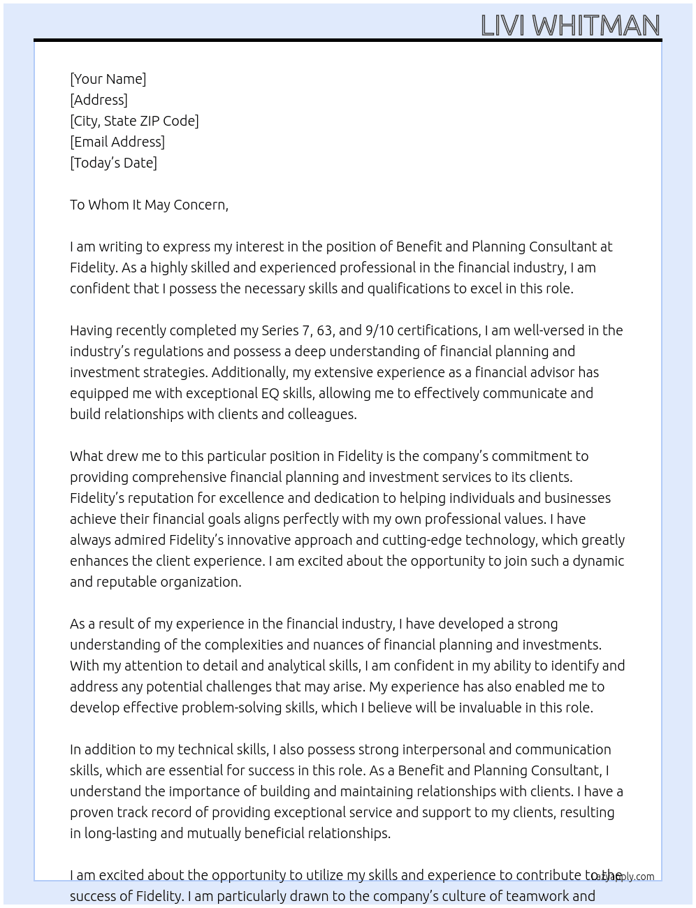 Benefit and Planning Consultant At Fidelity Cover Letter