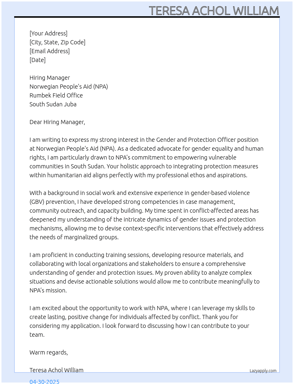 Gender and Protection Officer At Norwegian People's Aid (NPA), Rumbek Field Office, South Sudan Juba. Cover Letter
