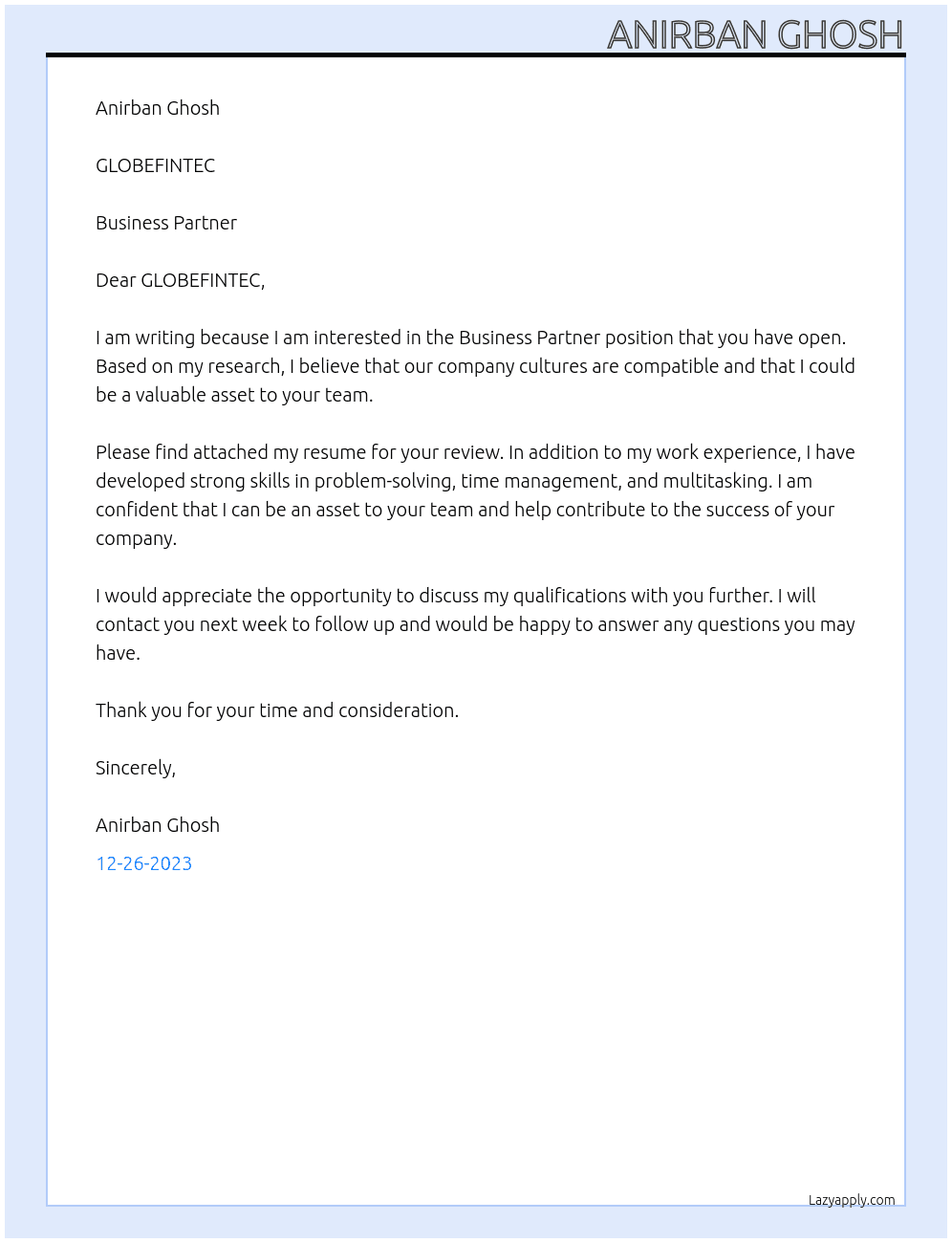 Business Partner At GLOBEFINTEC Cover Letter