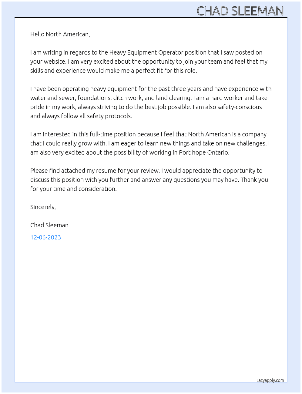 Heavy equipment operator At North American  Cover Letter