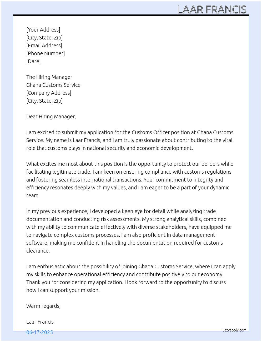 Customs Officer At Ghana Customs Service Cover Letter
