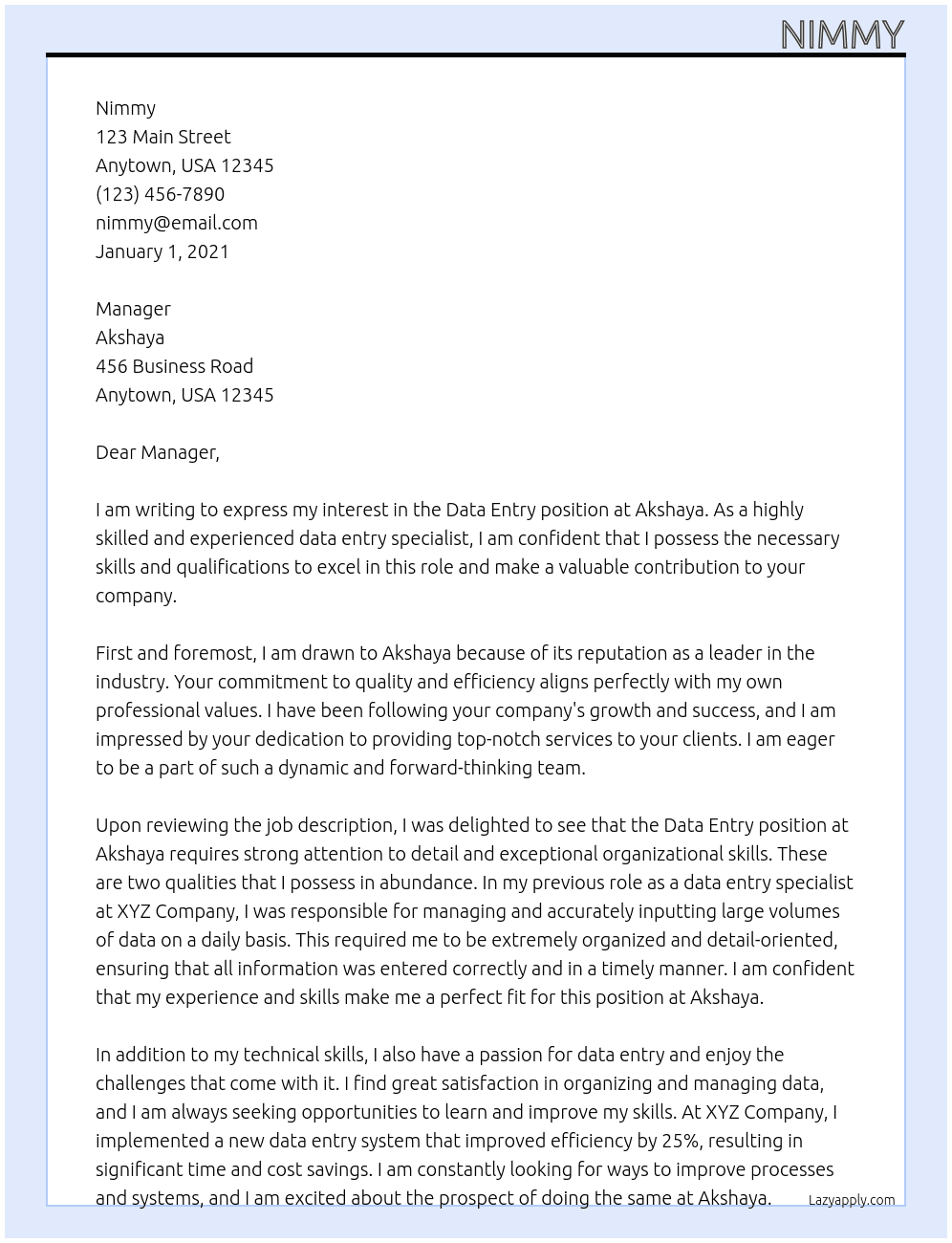Data  Entry At Akshaya Cover Letter