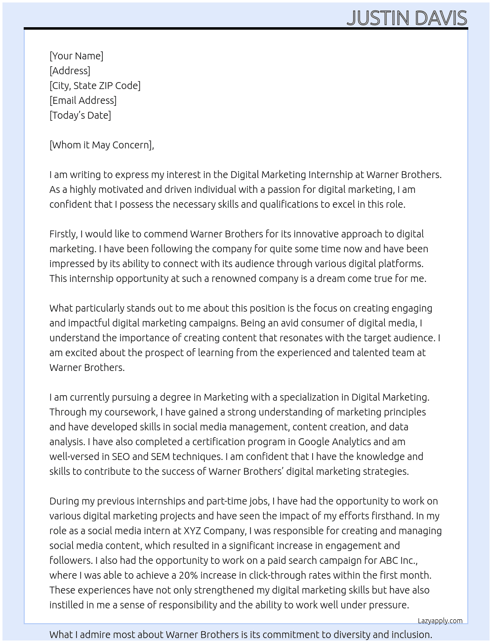 Digital Marketing Internship At Warner Borthers  Cover Letter
