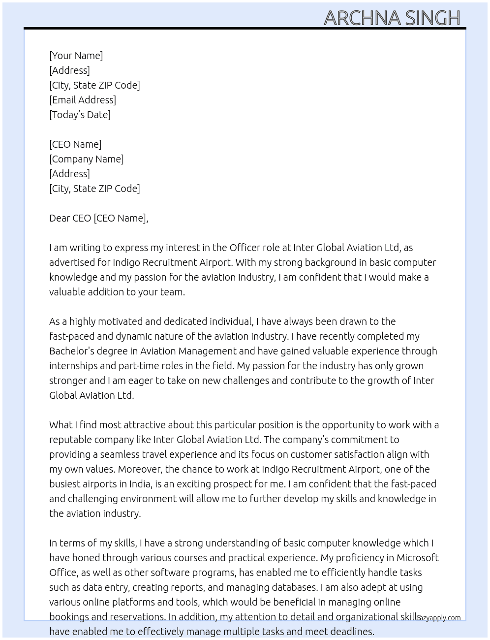 Indigo recruitment airport  At Inter global aviation ltd  Cover Letter
