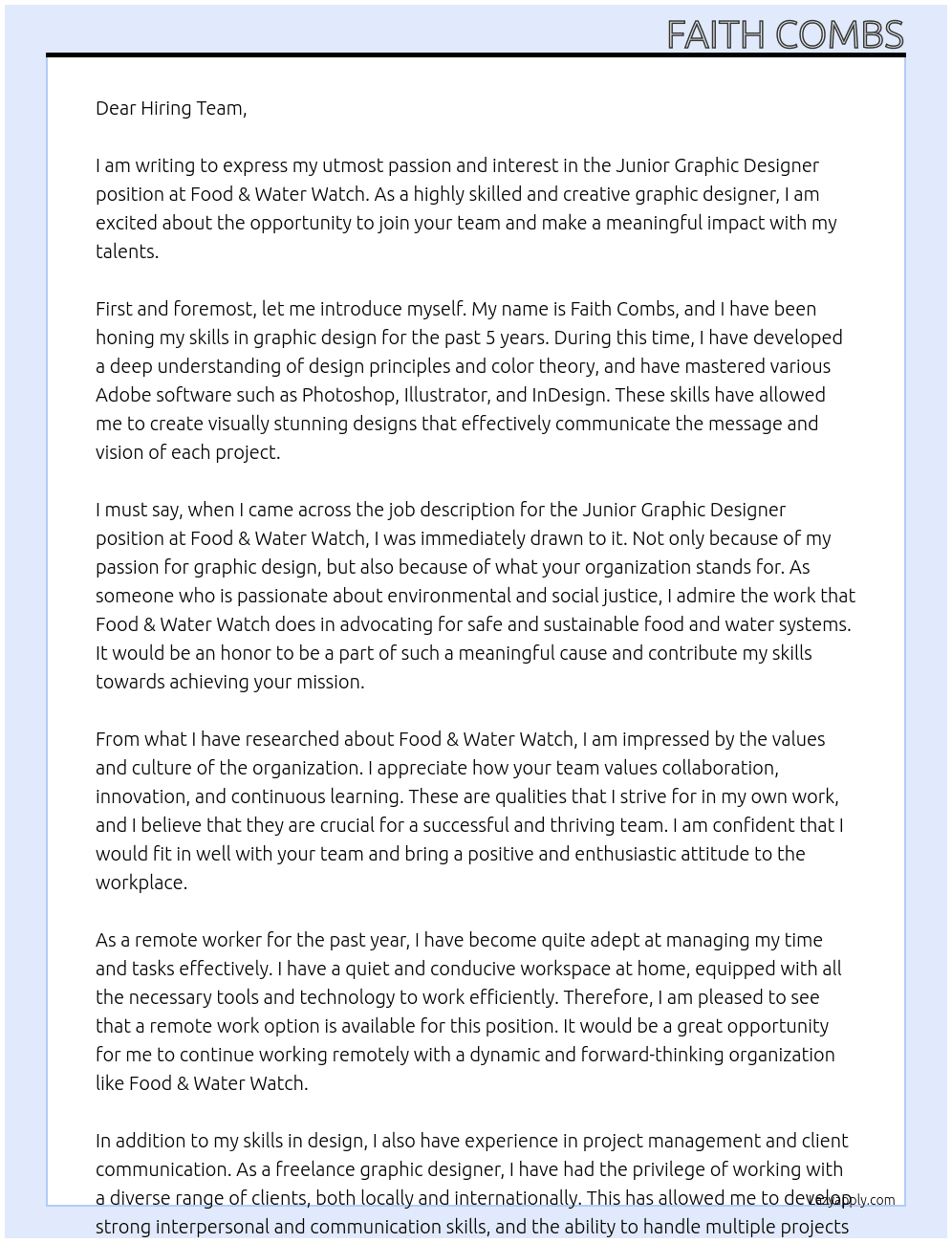 Junior Graphic Designer At Food & Water Watch Cover Letter