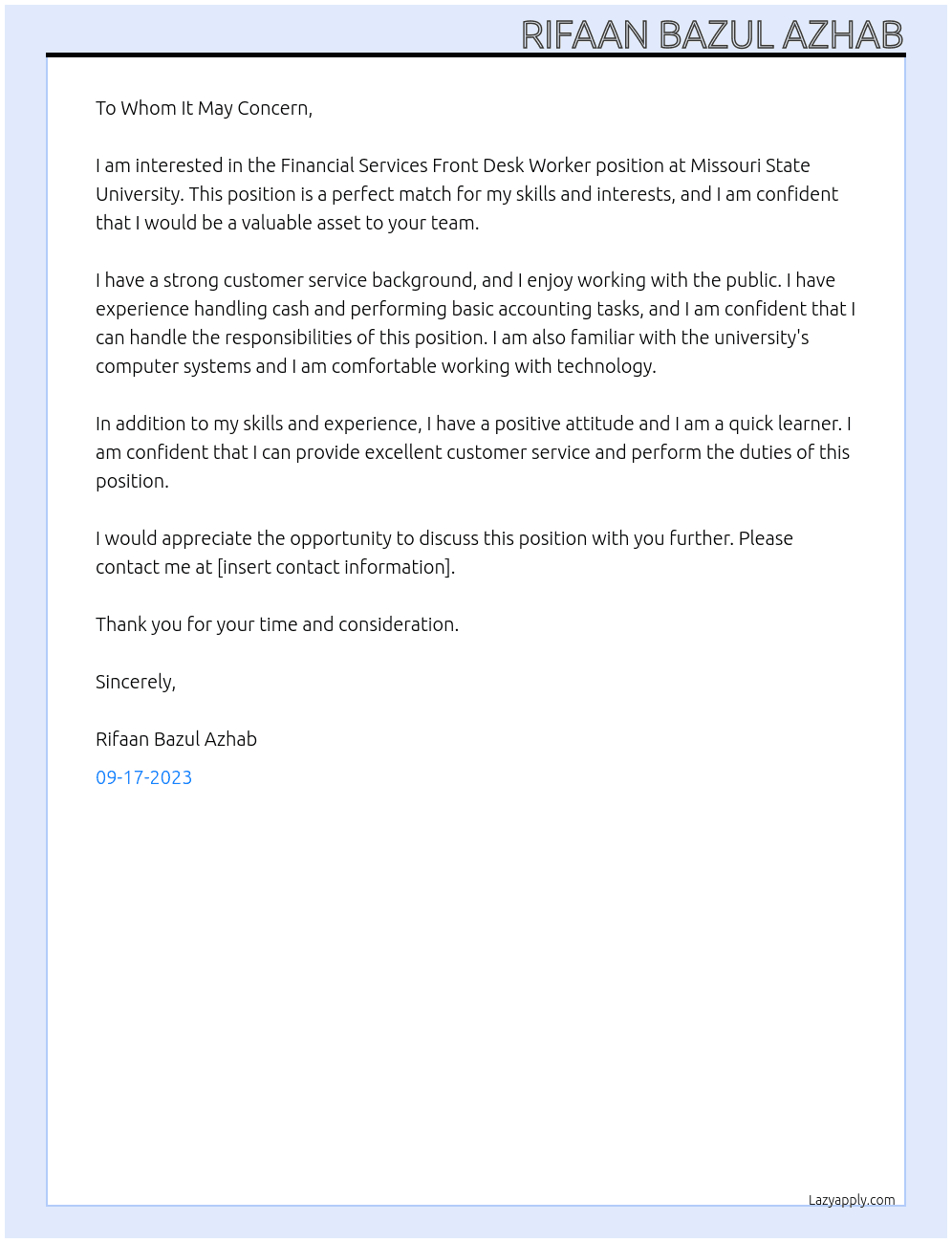 Financial Services Front Desk Worker At Financial services missouri state university Cover Letter