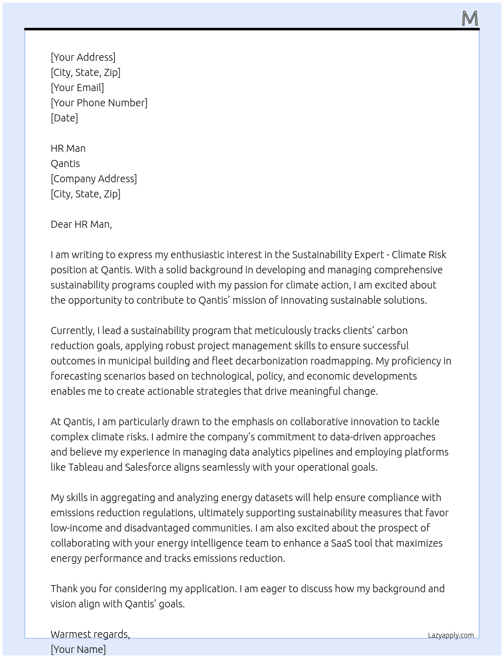 Sustainability Expert - Climate Risk At Qantis Cover Letter