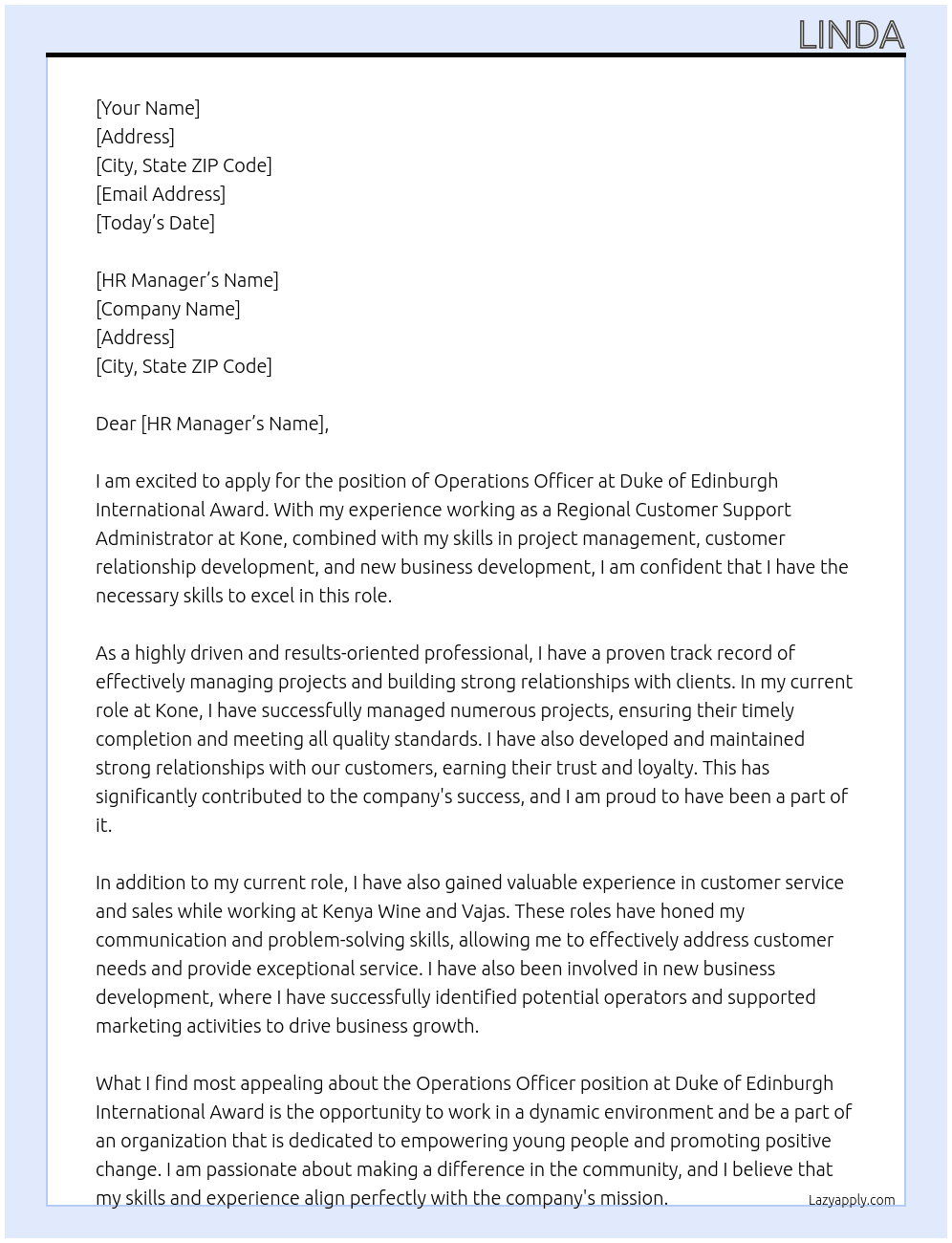 operations officer At duke of edinburgh international award Cover Letter