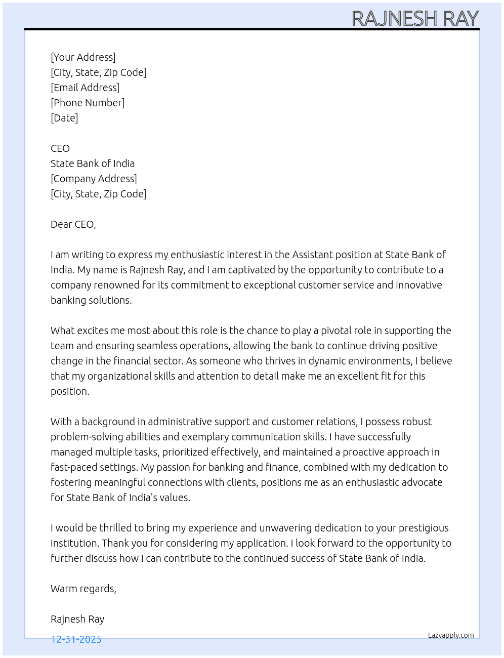 Assistant  At State Bank of India  Cover Letter