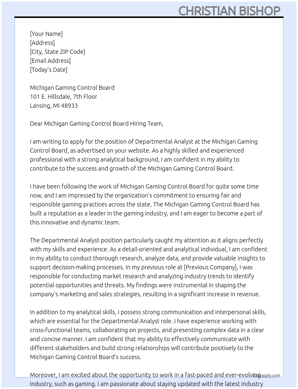 Departmental Analyst At Michigan Gaming Control Board Cover Letter