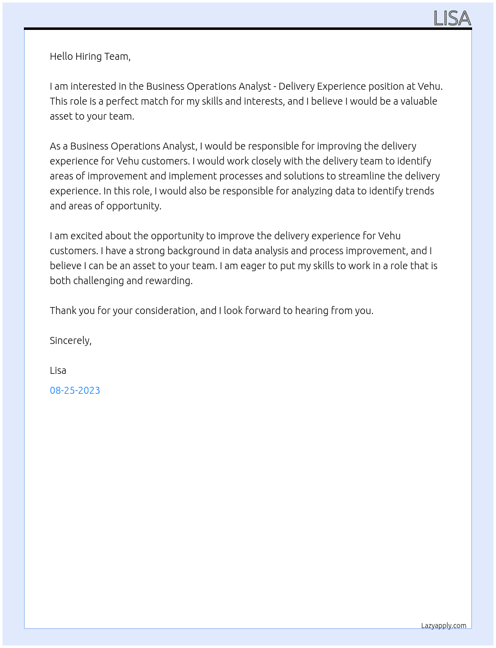 Business Operations Analyst, Delivery Experience At Vehu Cover Letter