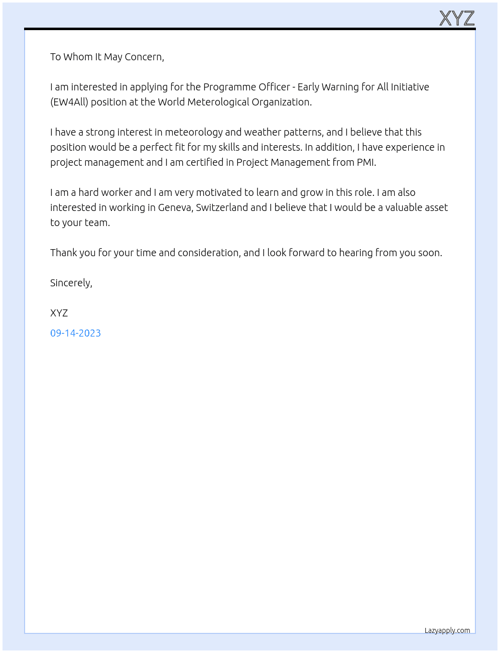 Programme Officer - Early Warning for All Initiative (EW4All) At World Meterological Organization Cover Letter