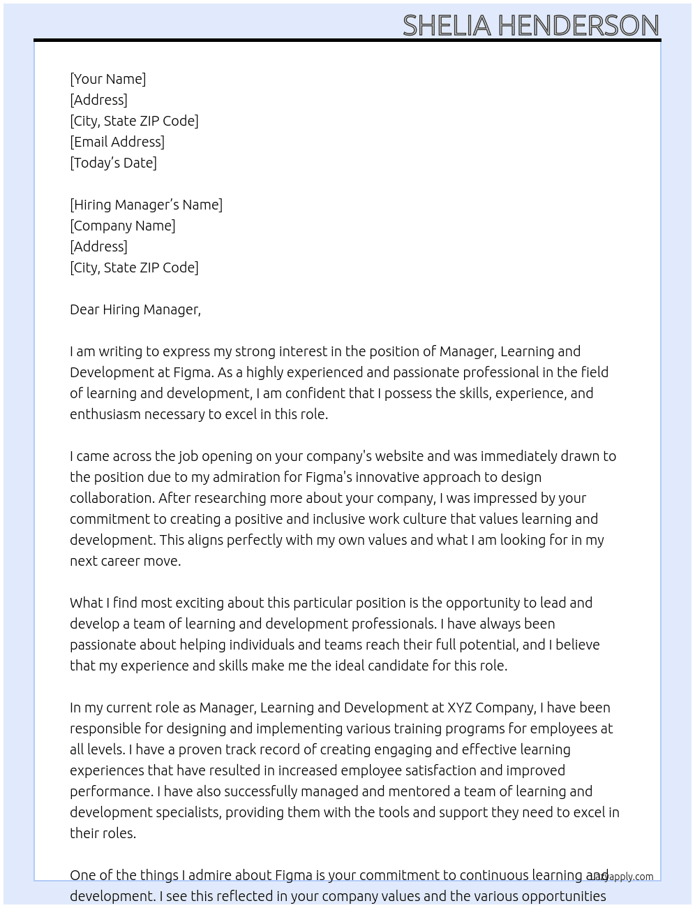 Manager, Learning and Development  At Figma Cover Letter