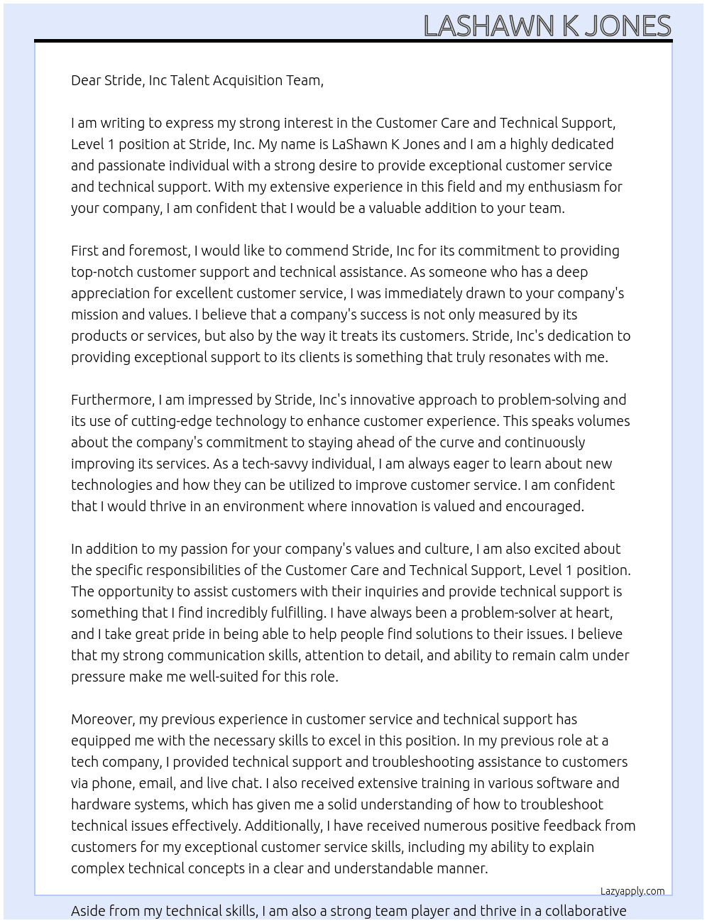 Customer Care and Technical Support, Level 1 At Stride, Inc Cover Letter