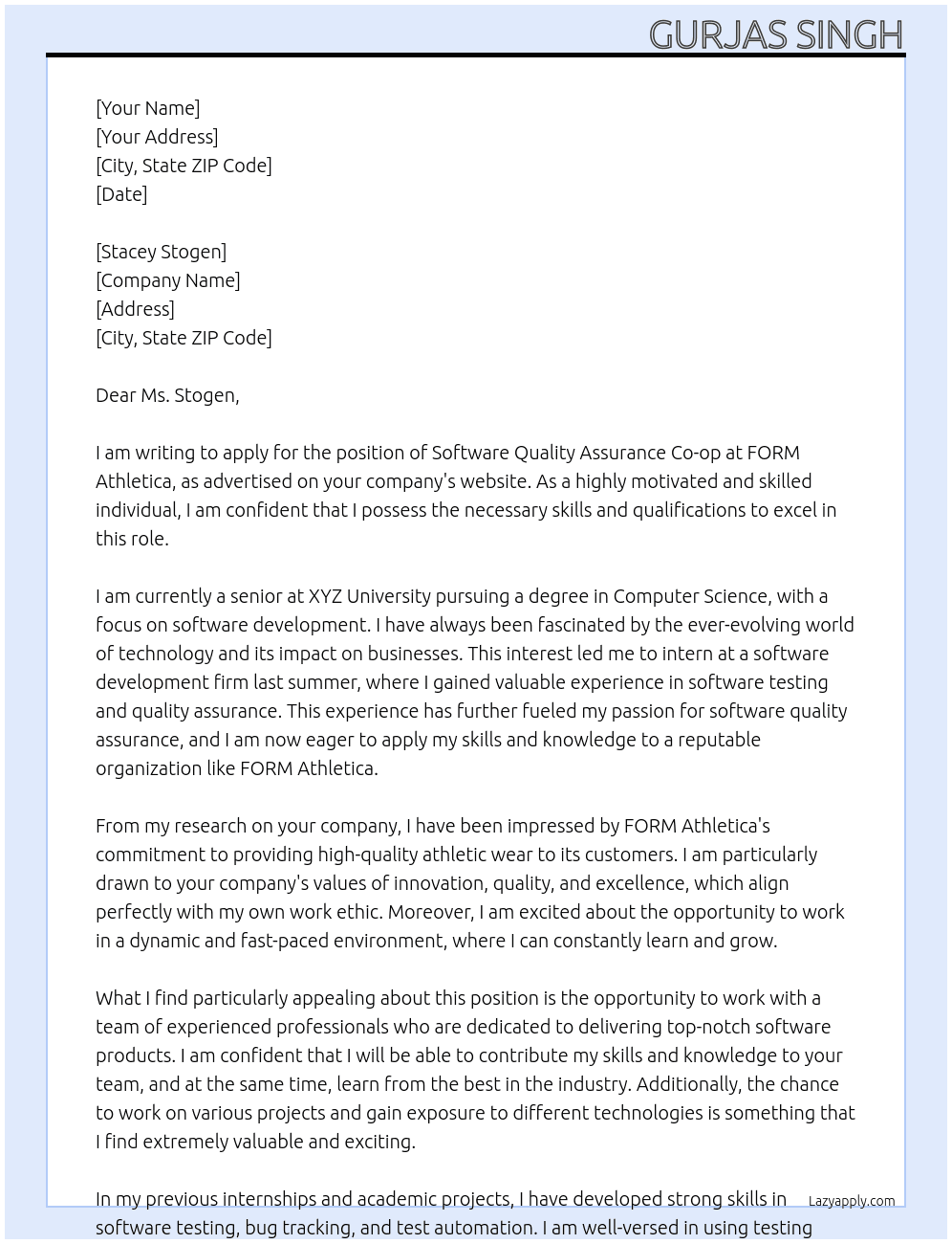 Software Quality Assurance Co-op At FORM Athletica Cover Letter