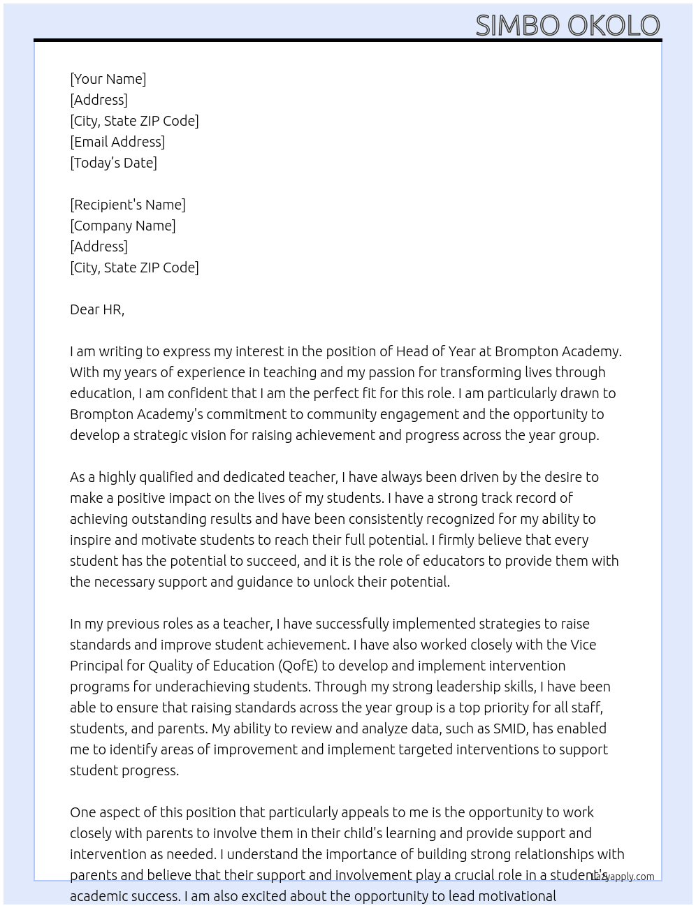 head of year  At Brompton academy Cover Letter