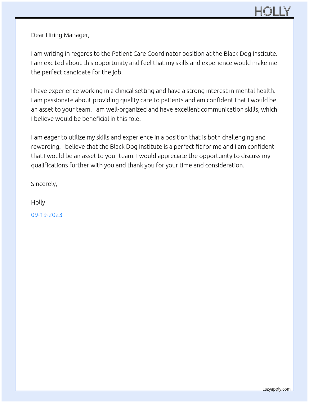 Patient Care Coordinator At Black Dog Institute Cover Letter