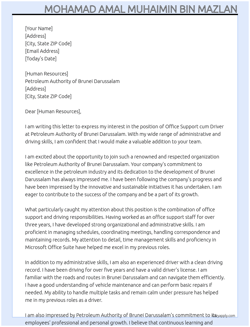 office support cum driver At Petroleum Authority of Brunei Darussalam Cover Letter