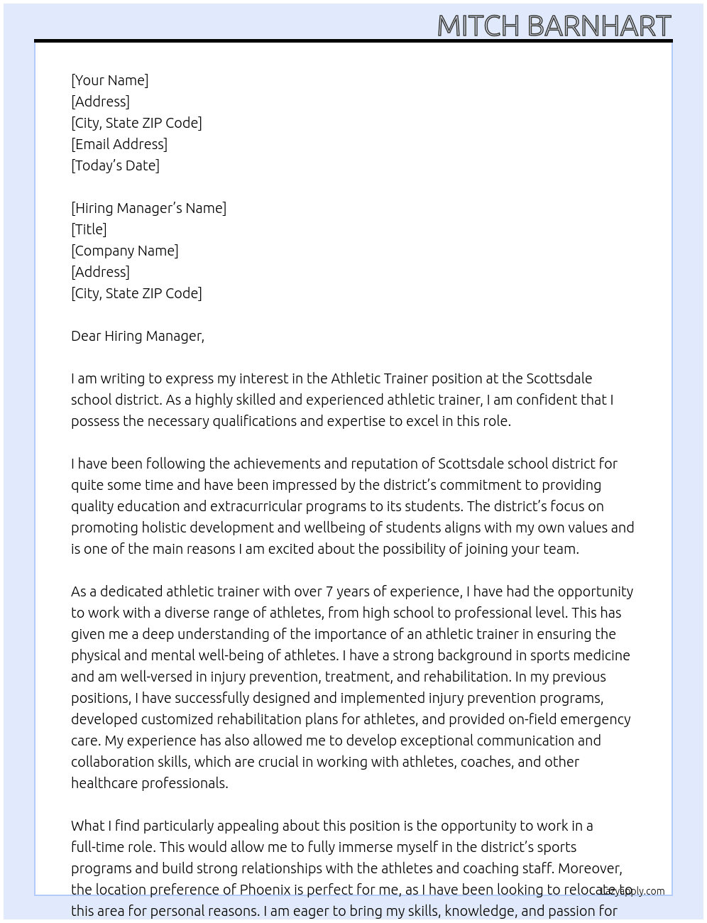 Athletic Trainer  At Scottsdale school district  Cover Letter