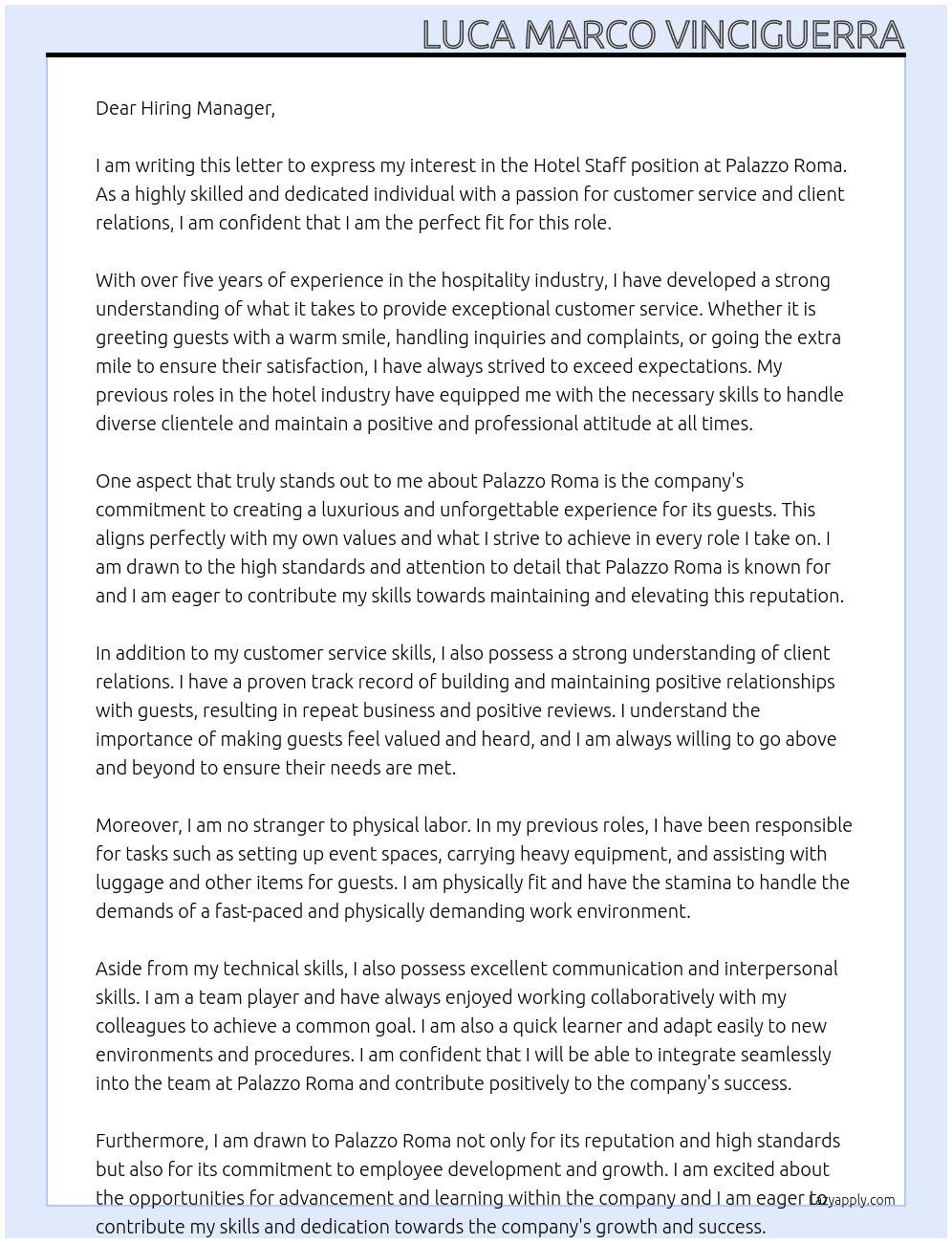 Hotel Staff At Palazzo Roma Cover Letter