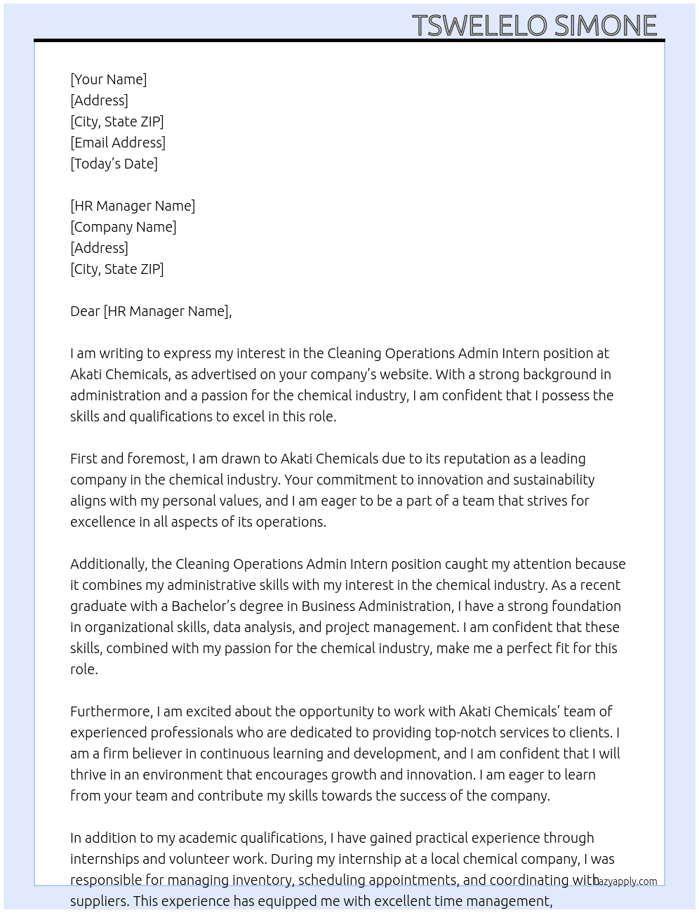 Cleaning operations admin intern At Akati Chemicals Cover Letter