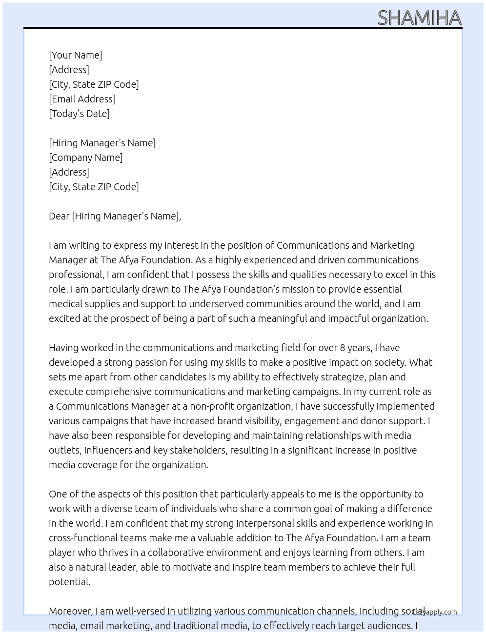 Communications and Marketing Manager At The Afya Foundation Cover Letter