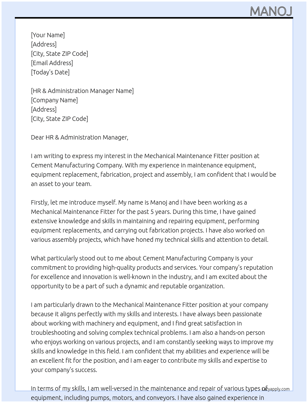 Mechanical maintenance Fitter At Cement Manufacturing company  Cover Letter