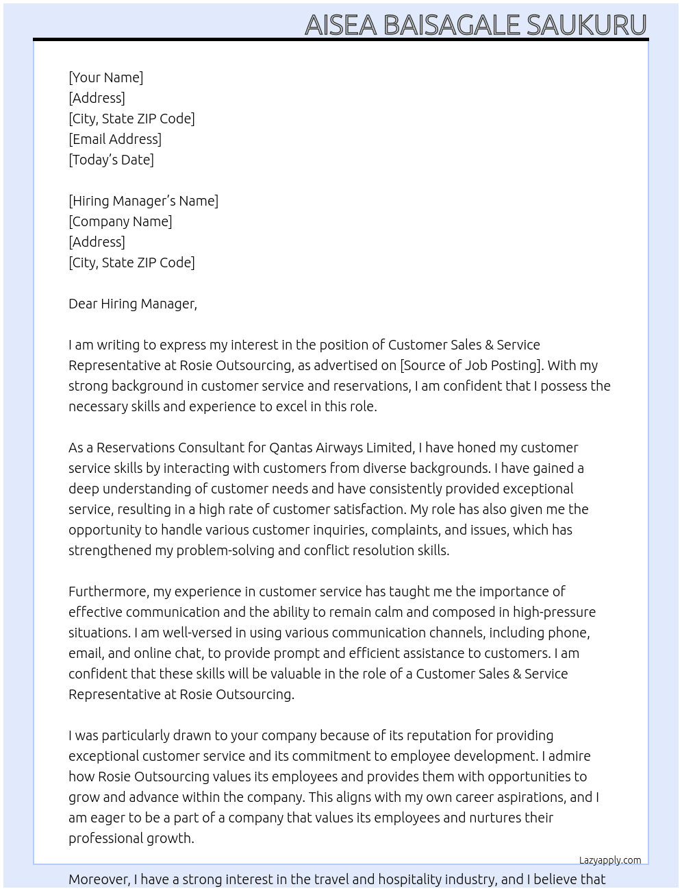 Customer Sales & Service Representative At Rosie Outsourcing Cover Letter