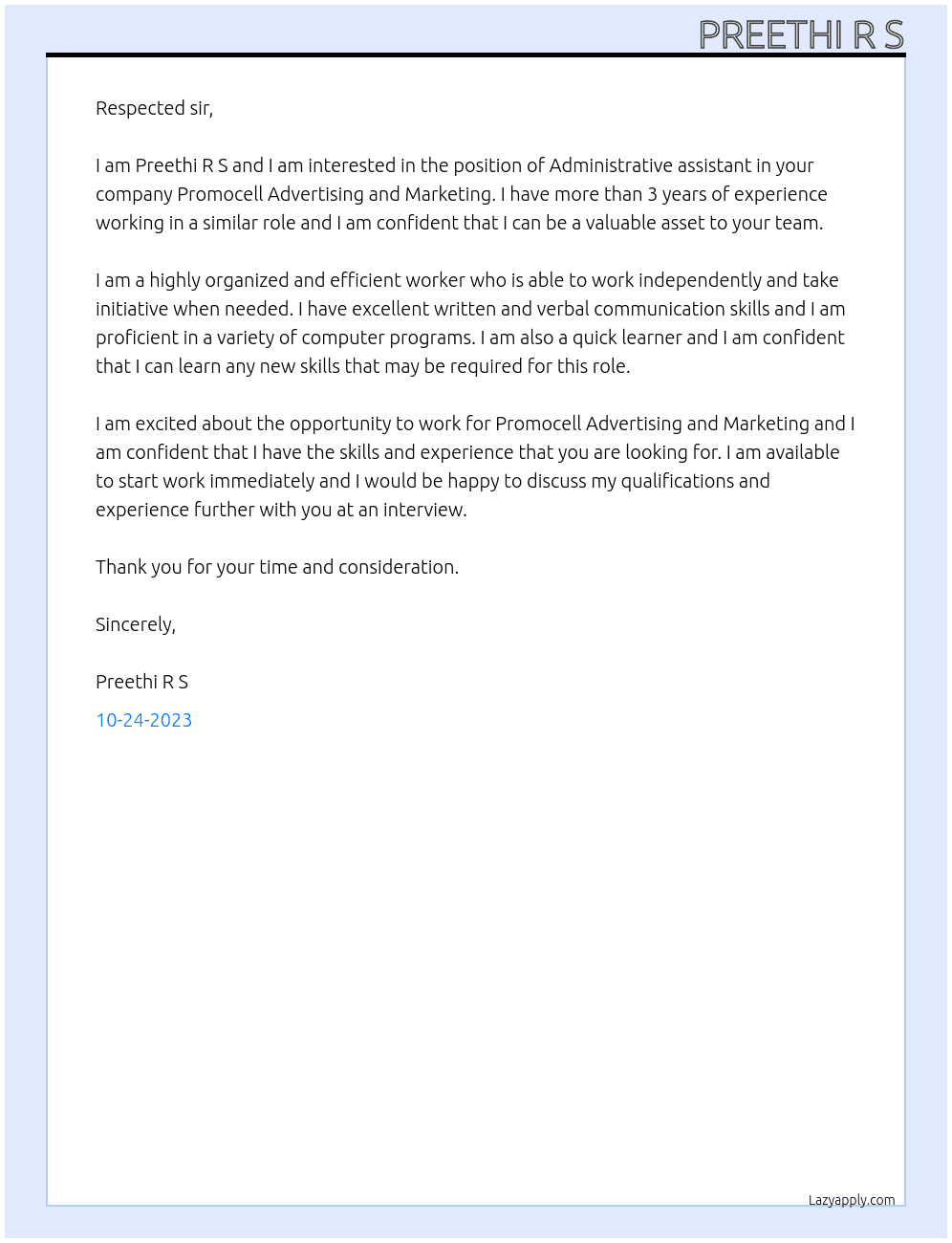 Administrative assistant  At Promocell Advertising and Marketing Cover Letter