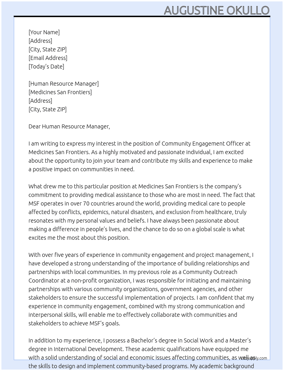 Community Engagement Officer At Medicines san frontiers Cover Letter