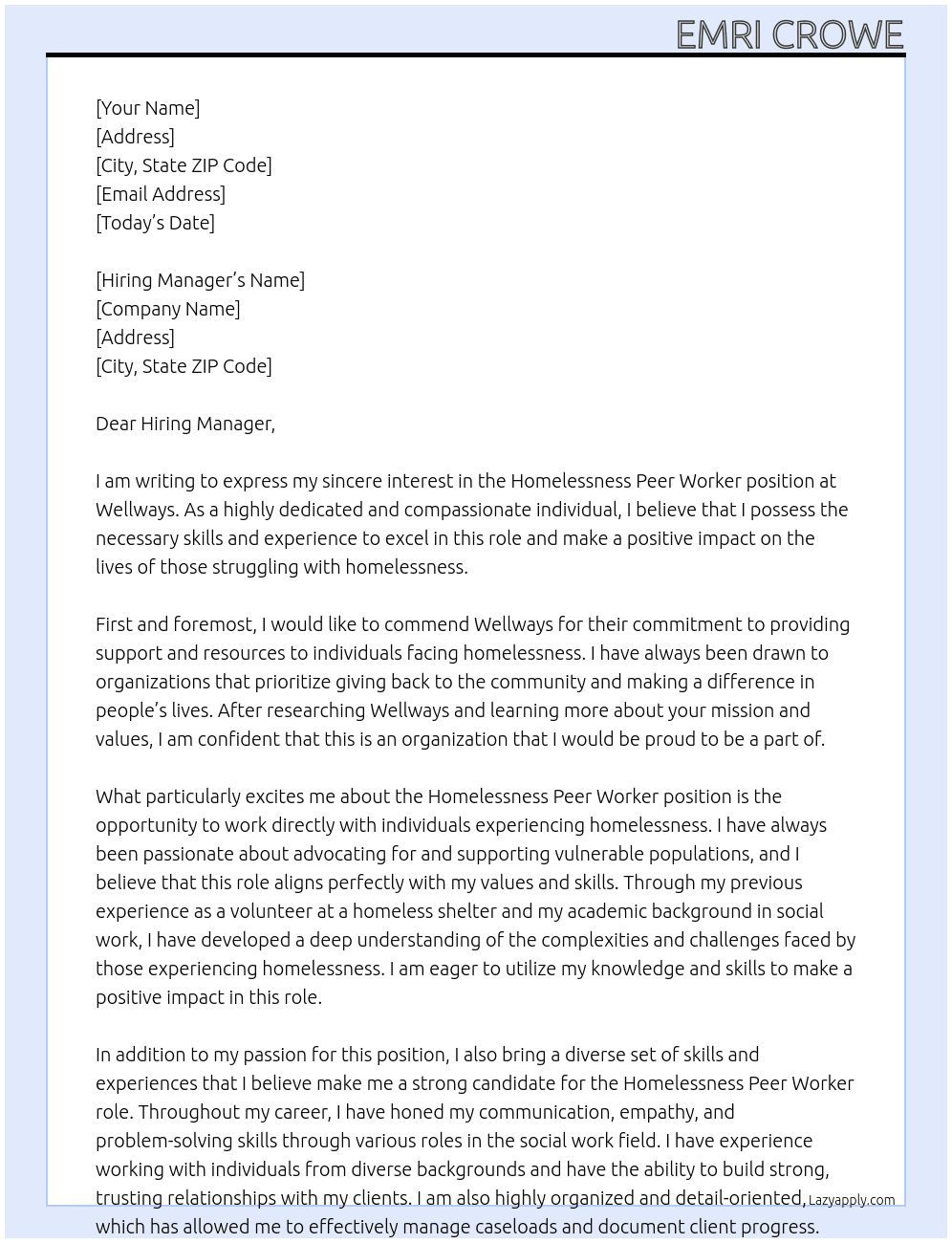 Homelessness Peer Worker At Wellways Cover Letter